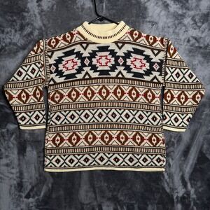 Vintage Croquet Club Southwestern Geometric Knit Sweater Mock Neck Brown Cream